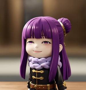 Masterpiece, highest quality, high resolution, PVC, rendering, chibi, high resolution, solo girl, fern, long hair, bangs, (purple eyes:1.1), purple hair, sidelocks, blunt bangs, (bright pupils:1.5), half updo , skirt, long sleeves, jacket, belt, scarf, coat, fur trim, black belt, smile, selfish target, chibi, mediterranean cityscape, smile, smile, self-righteousness, whole body, chibi, 3D figure, toy, doll, character Print, Front View, Natural Light, ((Real)) 1.2)), Dynamic Pose, Medium Movement, Perfect Cinematic Lighting, Perfect Composition, Fern, Frieren: Beyond Journey's End