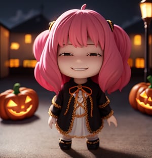 masterpiece, top quality, high resolution, PVC, render, chibi, high resolution, 1 girl, solo, anya_forger, pink hair, bob hair, halloween, halloween costume, jack-o-lantern, night and pumpkin theme, female action pose, grey eyes, smiling, selfish target, chibi, mediterranean cityscape, smiling, smiling face, smugness, full body, chibi, 3d figure, toy, doll, character print, front view, natural light, ((realistic)) 1.2)), dynamic pose, medium movement, perfect cinematic perfect lighting, perfect composition, anya_forger_spyxfamily, halloween, halloween costume, night sky