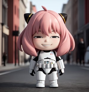 masterpiece, top quality, high resolution, PVC, render, chibi, high resolution, single woman, Anya Forger, pink hair, bob hair, StormTrooper, armor, grey eyes, smiling, selfish target, chibi, prohibition era streetscape, smiling, grinning, self-satisfied, full body, chibi, 3d figure, toy, doll, character print, front view, natural light, ((realistic)) 1.2)), dynamic pose, medium movement, perfect cinematic perfect lighting, perfect composition, Anya Forger spy x family, StormTrooper