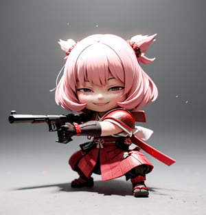 masterpiece, top quality, high resolution, PVC, render, chibi, high resolution, 1 girl, solo, Anya Forger, pink hair, bob hair, Samurai from the Sengoku period of Japan, wearing traditional Samurai armor, pink Samurai armor, holding a pistol, dual pistols, female action pose, grey eyes, smiling, selfish target, chibi, Mediterranean cityscape, smiling, smiling, smugness, full body, chibi, 3d figure, toy, doll, character print, front view, natural light, ((realistic)) 1.2)), dynamic pose, medium movement, perfect cinematic perfect lighting, perfect composition, anya_forger_spyxfamily, samurai, holding a pistol, dual pistols, armor, xuer pistol