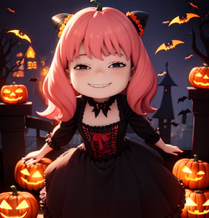 masterpiece, top quality, high resolution, PVC, render, chibi, high resolution, 1 girl, solo, anya_forger, pink hair, bob hair, halloween, halloween costume, jack-o-lantern, night and pumpkin theme, female action pose, grey eyes, smiling, selfish target, chibi, mediterranean cityscape, smiling, smiling face, smugness, full body, chibi, 3d figure, toy, doll, character print, front view, natural light, ((realistic)) 1.2)), dynamic pose, medium movement, perfect cinematic perfect lighting, perfect composition, anya_forger_spyxfamily, halloween, halloween costume, night sky