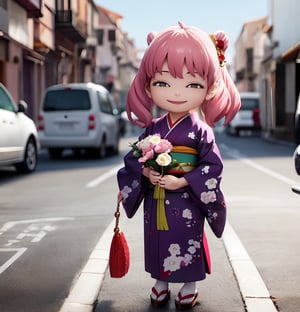 masterpiece, top quality, high resolution, PVC, render, chibi, high resolution, single woman, Anya Forger, pink hair, bob hair, purple kimono, holding purple bouquet, grey eyes, smiling, selfish target, chibi, Mediterranean cityscape, smiling, smiling, self-satisfied, full body, chibi, 3d figure, toy, doll, character print, front view, natural light, ((realistic)) 1.2)), dynamic pose, medium movement, perfect cinematic perfect lighting, perfect composition, Anya Forger spy x family, glowing, night sky,