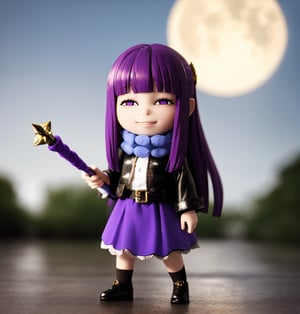 Masterpiece, highest quality, high resolution, PVC, rendering, chibi, high resolution, solo girl, fern, long hair, bangs, (purple eyes: 1.1), purple hair, side locks, blunt bangs, (bright eyes: 1.5), half up style, skirt, long sleeves, jacket, belt, scarf, coat, fur trim, black belt, holding a magic wand in hand, smiling, selfish target, chibi, full moon night, full moon in the background, night Castle, Smile, Smile, Self-righteousness, Full Body, Chibi, 3D Figure, Toy, Doll, Character Print, Front View, Natural Light, ((Real)) 1.2)), Dynamic Pose, Medium Movement, Perfect Movie-like Beautiful lighting, perfect composition, ferns, free leaves: beyond the end of the journey