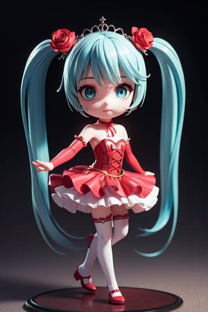 ((1 female)), Hatsune Miku, petite girl, full body, chibi, 3D figure little girl, green hair, twin tails, beautiful girl with attention to detail, beautiful delicate eyes, detailed face, beautiful eyes,neck ribbon, crown of thorns, thorns, (red cape, dress flower), detached sleeves, hair flower, hair ornament, long sleeves, black corset, long skirt, red dress, rose, strapless dress, long skirt, thighhighs, thighlet, red nails, dress flower, black thighhighs, female action poses,  detail, dynamic dancing pose, dynamic pose, Gothic architecture, natural light, ((realistic) ) Quality: 1.2 )), Dynamic Distance Shot, Cinematic Lighting, Perfect Composition, Super Detail, Official Art, Masterpiece, (Best) Quality: 1.3), Reflections, High Resolution CG Unity 8K Wallpaper, Detailed Background, Masterpiece, (Photorealistic): 1.2), Random Angle, Side Angle, Chibi, Full Body, Mikdef,destiny /(takt op./)