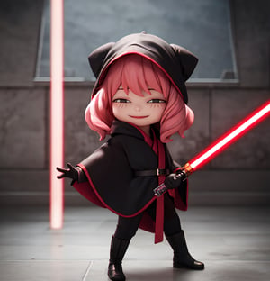 Masterpiece, Best Quality, High Resolution, PVC, Rendering, Chibi, High Resolution, Single Girl, Anya Forger, Pink Hair, Bob Hair, Sith Outfit, Cloak, Robe, Black Gloves, Belt, Hood Down , red lightsaber, lightsaber in hand , gray eyes, smile, selfish target, chibi, Star Wars World, Shin Hati, smile, smile, self-righteousness, full body, chibi, 3D figure, toy, doll, character print, front view, natural light, ((realistic)) quality: 1.2)), dynamic pose, medium movement, cinematic perfect lighting, perfect composition, costume, sith outfit, anya_forger_spyxfamily,sthoutfit
