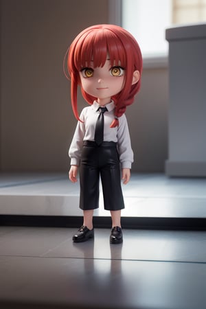 ((1 person)), Makima, Chainsaw Man, petite girl, full body, chibi, 3D figure girl,  beautiful girl with great detail, beautiful and delicate eyes, face with great detail, beautiful eyes, evil smile, dynamic beautiful pose, dynamic pose, makima, braided ponytail, ringed eyes, collared shirt, black necktie, black pants, natural light, ((real)) quality: 1.2), dynamic distance shot, cinematic lighting, perfect composition, super detail, official art, masterpiece, (best) quality: 1.3), reflection, high resolution CG Unity 8K wallpaper, detailed background, masterpiece, (photorealistic): 1.2), random angle, side angle, chibi, full body, mikdef, Enma Ai,makima,makimacsm