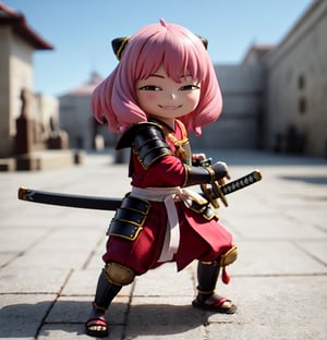 Masterpiece, Top Quality, High Resolution, PVC, Rendering, Chibi, High Resolution, 1 Girl, solo, Anya Forger, Pink Hair, Bob Hair, Japanese Warring States Period Samurai, Wearing Traditional Samurai Armor, pink Samurai Armor, holding sword, female action poses, Gray Eyes, Smile, Selfish Target, Chibi, Mediterranean Cityscape, Smile, Smile, Self-righteousness, Full Body, Chibi, 3D Figure, Toy, Doll, Character Print, Front View, Natural Light, ((Real)) 1.2)), dynamic pose, medium movement, perfect cinematic perfect lighting, perfect composition, anya_forger_spyxfamily, samurai,holding sword,armor,battoujutsu