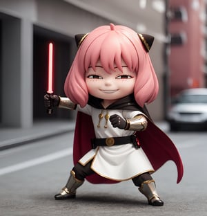 masterpiece, top quality, high resolution, PVC, render, chibi, high resolution, single woman, Anya Forger, pink hair, bob hair,  ShinHati, single braid, side braid, hood up, cape, robe, vambraces, black gloves, belt, holding orange lightsaber, fighting stance, brown shirt, greaves, grey eyes, smiling, selfish target, chibi, prohibition era streetscape, smiling, grinning, self-satisfied, full body, chibi, 3d figure, toy, doll, character print, front view, natural light, ((realistic)) 1.2)), dynamic pose, medium movement, perfect cinematic perfect lighting, perfect composition, Anya Forger spy x family, ShinHait