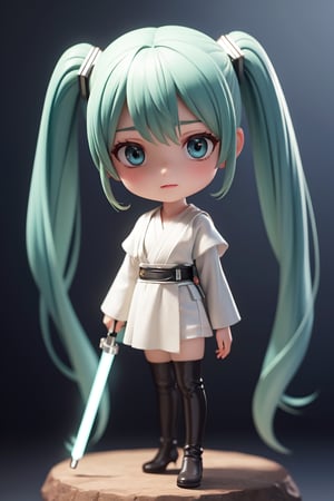 ((1 female)), Hatsune Miku, petite girl, whole body, chibi, 3D figure little girl, green hair, twin tails, beautiful girl with attention to detail, beautiful delicate eyes, detailed face, beautiful eyes, Jedi robe , holding a green lightsaber, dynamic beautiful pose, Star Wars world, natural light, ((real) ) quality: 1.2 )), dynamic long distance shots, cinematic lighting, perfect composition, super detail, Official Art, Masterpiece, (Best) Quality: 1.3), Reflections, High Resolution CG Unity 8K Wallpaper, Detailed Background, Masterpiece, (Photorealistic): 1.2), Random Angle, ((Jedi Outfit 1.4)), Side Angle , chibi, full body, mikdef., in Jedi costume