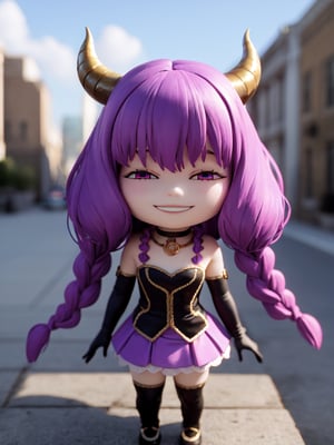 Masterpiece, highest quality, high resolution, PVC, rendering, chibi, high resolution, solo girl, aura the guillotine, long hair, (purple eyes:1.1), purple hair, braid, horns, twin braids, skirt, thighhighs, gloves, choker , black gloves, elbow gloves smile, selfish, chibi, smile, grin, self-righteousness, whole body , chibi, 3D figure, toy, doll, character print, front view, natural light, ((realistic)) quality: 1.2)), dynamic pose , Movie Perfect Lighting, Perfect Composition, Fantasy Cityscape Free Ren Light, ((Real)) ) Quality: 1.2)), Dynamic Pose, Cinematic Lighting, Perfect Composition, Aura of the Guillotine