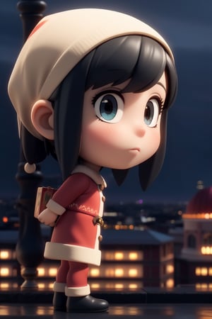 ((1 Female)), Yor Forger, Petite Girl, Full Body, Chibi, 3D Figure Little Girl, Black Hair, Beautiful Girl with Fine Details, Beautiful Delicate Eyes, Detailed Face, Beautiful Eyes, Natural Light, ((Realism : 1.2 )), Dynamic long-distance shots, cinematic lighting, perfect composition, ultra-detailed, official art, masterpieces, (best quality: 1.3), reflections, highly detailed CG Unity 8K wallpapers, detailed backgrounds, Masterpiece, (Photorealistic: 1.2), Random Angle, ( (Santa Costume: 1.4)), ((Christmas Decoration)), Neon Palette, Night, Night Sky, (City Lights), Horizontal Angle, Christmas Theme, yor_forger_spyxfamily,chibi