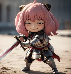 Masterpiece, Top Quality, High Resolution, PVC, Rendering, Chibi, High Resolution, 1 Girl, solo, Anya Forger, Pink Hair, Bob Hair, Japanese Warring States Period Samurai, Wearing Traditional Plate Armor,  Samurai Armor, holding sword, female action poses, Gray Eyes, Smile, Selfish Target, Chibi, Mediterranean Cityscape, Smile, Smile, Self-righteousness, Full Body, Chibi, 3D Figure, Toy, Doll, Character Print, Front View, Natural Light, ((Real)) 1.2)), dynamic pose, medium movement, perfect cinematic perfect lighting, perfect composition, anya_forger_spyxfamily, knight,holding sword,armor,battoujutsu,Cuteselfiesposes,xuer plate armor