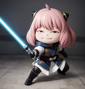 masterpiece, top quality, high resolution, PVC, render, chibi, high resolution, single woman, Anya Forger, pink hair, bob hair,  JediOutfit, robe, belt, boots, holding Blue lightsaber, single braid, side braid, hood up, vambraces, black gloves, belt, holding Blue lightsaber, fighting stance, brown shirt, greaves, grey eyes, smiling, selfish target, chibi, prohibition era streetscape, smiling, grinning, self-satisfied, full body, chibi, 3d figure, toy, doll, character print, front view, natural light, ((realistic)) 1.2)), dynamic pose, medium movement, perfect cinematic perfect lighting, perfect composition, Anya Forger spy x family, JediStyle,JediOutfit