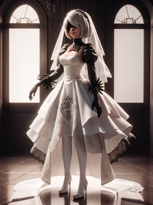masterpiece, best quality, high resolution, PVC, render, chibi, high resolution, solo girl, 2B, NieR: Automata, smiling, selfish, chibi, grinning, self-satisfied, full body, chibi, 3D figure, full moon background, toy, doll, ruanyi0263, bridal veil, wedding dress, veil, white dress, bride, lace, silver hair, bob hair, character print, front view, natural light, ((realistic)) quality: 1.2), dynamic pose, cinematic lighting, perfect composition, bridal veil, ruanyi0263,2b