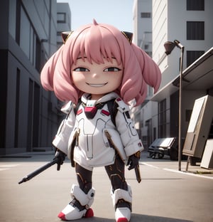 masterpiece, best quality, high resolution, PVC, render, chibi, high resolution, 1 girl, anya forger, pink hair, bob hair, electric surge effect, ear_piercing, zipper, freckles, strap, urban techwear, outfit, grey eyes, smiling, selfish target, chibi, cyberpunk cityscape, smiling, smiling, selfish, full body, chibi, 3d figure, toy, doll, character print, front view, natural light, ((realistic)) 1.2), dynamic pose, medium movement, perfect cinematic perfect lighting, perfect composition, anya_forger_spyxfamily, 1 girl,mecha_musume,metal,mechanical