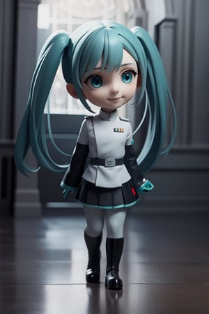 ((1 person)), Hatsune Miku, petite girl, full body, chibi, 3D figure girl, green hair, twin tails, beautiful girl with great detail, beautiful and delicate eyes, detailed face, beautiful eyes, white imperialofficer uniform, wicked smile, dynamic beautiful pose, dynamic pose, gothic architecture, natural light, ((realistic)) quality: 1.2), dynamic distance shot, cinematic lighting, perfect composition, super detail, official art, masterpiece, (best) quality: 1.3), reflection, high resolution CG Unity 8K wallpaper, detailed background, masterpiece, (photorealistic) : 1.2), random angle, side angle, chibi, full body, mikdef, imperialofficer uniform
