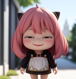 masterpiece, top quality, high resolution, PVC, render, chibi, high resolution, 1 girl, solo, Anya Forger, pink hair, bob hair,  Ukraina embroidery smock dress morning on the way to school, walking, grey eyes, smiling, selfish target, chibi, smiling, smiling, smug, full body, chibi, 3d figure, toy, doll, character print, front view, natural light, ((realistic)) 1.2)), dynamic pose, medium movement, perfect cinematic perfect lighting, perfect composition, anya_forger_spyxfamily, Cuteselfiesposes