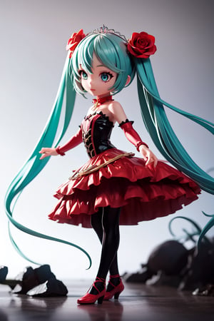 ((1 female)), Hatsune Miku, petite girl, full body, chibi, 3D figure little girl, green hair, twin tails, beautiful girl with attention to detail, beautiful delicate eyes, detailed face, beautiful eyes,neck ribbon, crown of thorns, thorns, (red cape, dress flower), detached sleeves, hair flower, hair ornament, long sleeves, black corset, long skirt, red dress, rose, strapless dress, long skirt, thighhighs, thighlet, red nails, dress flower, black thighhighs, female action poses,  detail, dynamic dancing pose, dynamic pose, Gothic architecture, natural light, ((realistic) ) Quality: 1.2 )), Dynamic Distance Shot, Cinematic Lighting, Perfect Composition, Super Detail, Official Art, Masterpiece, (Best) Quality: 1.3), Reflections, High Resolution CG Unity 8K Wallpaper, Detailed Background, Masterpiece, (Photorealistic): 1.2), Random Angle, Side Angle, Chibi, Full Body, Mikdef,destiny /(takt op./)