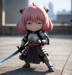 Masterpiece, Top Quality, High Resolution, PVC, Rendering, Chibi, High Resolution, 1 Girl, solo, Anya Forger, Pink Hair, Bob Hair, Japanese Warring States Period Samurai, Wearing Traditional Plate Armor,  Samurai Armor, holding sword, female action poses, Gray Eyes, Smile, Selfish Target, Chibi, Mediterranean Cityscape, Smile, Smile, Self-righteousness, Full Body, Chibi, 3D Figure, Toy, Doll, Character Print, Front View, Natural Light, ((Real)) 1.2)), dynamic pose, medium movement, perfect cinematic perfect lighting, perfect composition, anya_forger_spyxfamily, knight,holding sword,armor,battoujutsu,Cuteselfiesposes,xuer plate armor