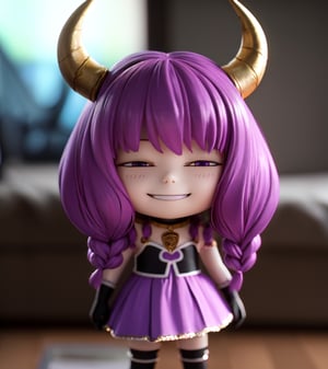 Masterpiece, highest quality, high resolution, PVC, rendering, chibi, high resolution, solo girl, aura the guillotine, long hair, (purple eyes:1.1), purple hair, braid, horns, twin braids, skirt, thighhighs, gloves, choker , black gloves, elbow gloves smile, selfish, chibi, smile, grin, self-righteousness, whole body , chibi, 3D figure, toy, doll, character print, front view, natural light, ((realistic)) quality: 1.2)), dynamic pose , Movie Perfect Lighting, Perfect Composition, Fantasy Cityscape Free Ren Light, ((Real)) ) Quality: 1.2)), Dynamic Pose, Cinematic Lighting, Perfect Composition, Aura of the Guillotine