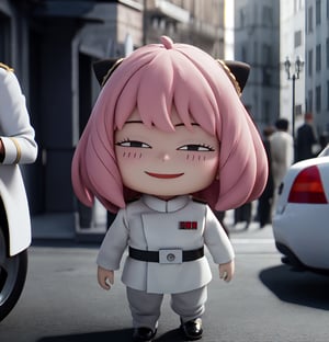 masterpiece, top quality, high resolution, PVC, render, chibi, high resolution, single woman, Anya Forger, pink hair, bob hair, white imperialofficer uniform, grey eyes, smiling, selfish target, chibi, prohibition era streetscape, smiling, grinning, self-satisfied, full body, chibi, 3d figure, toy, doll, character print, front view, natural light, ((realistic)) 1.2)), dynamic pose, medium movement, perfect cinematic perfect lighting, perfect composition, Anya Forger spy x family, imperialofficer uniform