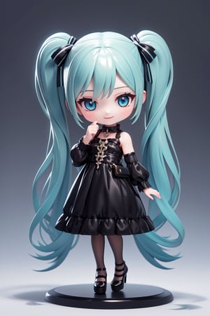 masterpiece, (realism: 1.2), ((1 person female)), Hatsune Miku, petite girl, full body, chibi, 3D figure girl, green hair, twin tails, beautiful girl with great detail, beautiful and delicate eyes, detailed face, beautiful eyes, xuer luxury brand fashion, evil smile, Chanel costume, heart, hair accessory, shoulder bag, dress, long sleeves, pantyhose, black ribbon, puffy sleeves, black footwear, mouth closed, red eyes, handbag, black dress, full body, white dress, shoes, platform shoes, standing, puffy long sleeves, blushing, holding, dynamic pose, gothic architecture, natural light, ((realistic) quality: 1.2), dynamic distance shot, cinematic lighting, perfect composition, super detail, official art, masterpiece, (best) quality: 1.3), reflection, high resolution CG Unity 8K wallpaper, detailed background, masterpiece, (realism: 1.2), random angle, side angle, chibi, full body, mikudef, lenticular flare, xuer luxury brand fashion