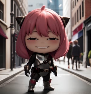 masterpiece, top quality, high resolution, PVC, render, chibi, high resolution, single woman, Anya Forger, pink hair, bob hair, Mandalorian costume, no helmet, pink Mandalorian armor, darksaber, holding the darksaber, grey eyes, smiling, selfish target, chibi, prohibition era streetscape, smiling, grinning, self-satisfied, full body, chibi, 3d figure, toy, doll, character print, front view, natural light, ((realistic)) 1.2)), dynamic pose, medium movement, perfect cinematic perfect lighting, perfect composition, Anya Forger spy x family, StarWMandalorian