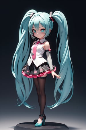 ((1 person)), Hatsune Miku, petite girl, full body, chibi, 3D figure girl, green hair, twin tails, beautiful girl with great detail, beautiful and delicate eyes, detailed face, beautiful eyes, arm straps, puffy short sleeves, belt, half gloves, buttons, jewelry, thigh straps, red skirt, black pantyhose, wicked smile, dynamic beautiful pose, dynamic pose, gothic architecture, natural light, ((realistic)) quality: 1.2), dynamic distance shot, cinematic lighting, perfect composition, super detail, official art, masterpiece, (best) quality: 1.3), reflection, high resolution CG Unity 8K wallpaper, detailed background, masterpiece, (photorealistic): 1.2), random angle, side angle, chibi, full body, mikdef, , NJI BEAUTY, DSORCERESS