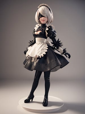 masterpiece, best quality, high resolution, PVC, render, (chibi:1.4), chibi figure, high resolution, solo girl, 2B, NieR: Automata, smiling, selfish, chibi, grinning, self-satisfied, fighting stance, full body, chibi, 3D figure, full moon background, toy, doll, bodysuit,gloves,maid,maid apron, silver hair, bob hair, character print, front view, natural light, ((realistic)) quality: 1.2), dynamic pose, cinematic lighting, perfect composition, bridal veil, 2b,lemon0021