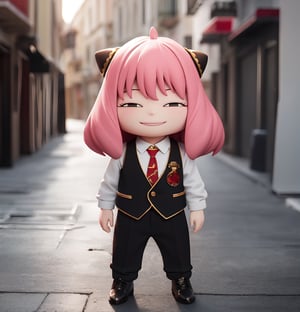 masterpiece, best quality, high resolution, PVC, render, chibi, high resolution, single girl, anya forger, pink hair, bob hair, mafia costume, suit, vest, white shirt, tie, gray eyes, smiling, selfish target, chibi, mediterranean cityscape, smiling, smiling face, selfishness, full body, chibi, 3d figure, toy, doll, character print, front view, natural light, ((realistic)) 1.2)), dynamic pose, medium movement, perfect cinematic perfect lighting, perfect composition, anya_forger_spyxfamily, gangster