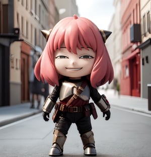 masterpiece, top quality, high resolution, PVC, render, chibi, high resolution, single woman, Anya Forger, pink hair, bob hair, Mandalorian costume, no helmet, Mandalorian armor, grey eyes, smiling, selfish target, chibi, prohibition era streetscape, smiling, grinning, self-satisfied, full body, chibi, 3d figure, toy, doll, character print, front view, natural light, ((realistic)) 1.2)), dynamic pose, medium movement, perfect cinematic perfect lighting, perfect composition, Anya Forger spy x family, StarWMandalorian