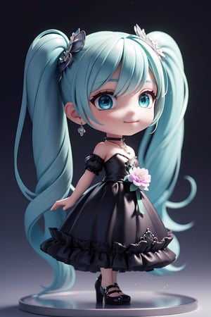 ((1 person)), Hatsune Miku, petite girl, full body, chibi, 3D figure girl, green hair, twin tails, beautiful girl with great detail, beautiful and delicate eyes, detailed face, beautiful eyes, embroidery, accessories, necklace, earrings, holding purple bouquet, purple flower confetti background, reflection, evil smile, Black dress, frills, detachable sleeves, frilly choker, , jewelry details, dynamic beautiful pose, dynamic pose, gothic architecture, natural light, ((realistic)) quality: 1.2), dynamic distance shot, cinematic lighting, perfect composition, super detail, official art, masterpiece, (best) quality: 1.3), reflection, high resolution CG Unity 8K wallpaper, detailed background, masterpiece, (photorealistic): 1.2), random angle, side angle, chibi, full body, mikdef, lencifer flare