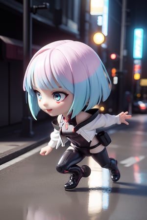 ((1 person)), Hatsune Miku, petite girl, full body, chibi, 3D figure girl, Lucy,  Cyberpunk Edgerunners, beautiful girl with great detail, beautiful and delicate eyes, face with great detail, beautiful eyes, evil smile, dynamic beautiful pose, dynamic pose, cplucy, jacket, open jacket, black leotard, bare shouldersgothic architecture, natural light, ((real)) quality: 1.2), dynamic distance shot, cinematic lighting, perfect composition, super detail, official art, masterpiece, (best) quality: 1.3), reflection, high resolution CG Unity 8K wallpaper, detailed background, masterpiece, (photorealistic): 1.2), random angle, side angle, chibi, full body, mikdef, Enma Ai