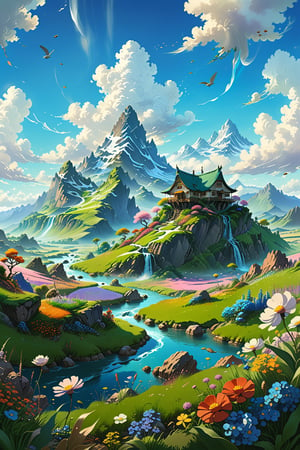 //quality, (masterpiece:1.4), (detailed), ((,best quality,)),//highly detailed illustration of a beautiful valley, fantasy world, floating islands, Studio ghibli style art, mountains in the distance, windy, grasslands, flowers, Spring season, 