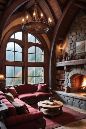 //quality, (masterpiece:1.4), (detailed), ((,best quality,)),//a cozy circular cabin interior, medieval decor, fantasy vibe, foliage, maroon interior, fireplace, hearth, 3 point perspective, a wooden coffee table, cozy bed, snowfall outside, scrolls, books, bookshelf, map on the wall, window, built over a cliff,chandelier, central bed, hobbit house