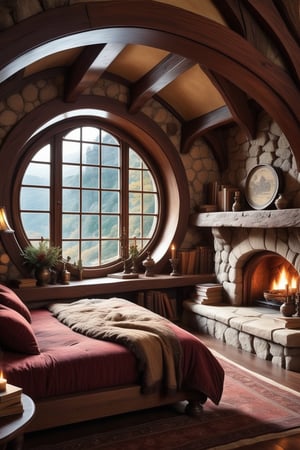 //quality, (masterpiece:1.4), (detailed), ((,best quality,)),//a cozy circular cabin interior, medieval decor, fantasy vibe, foliage, maroon interior, fireplace, hearth, 3 point perspective, a wooden coffee table, cozy bed, snowfall outside, scrolls, books, bookshelf, map on the wall, window, built over a cliff, central bed, hobbit house