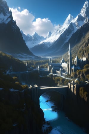 //quality, (masterpiece:1.4), (detailed), ((,best quality,)),//a wide pathway leads to an enormous extravagant cathedral built on the face of a mountain, its different towers connected via bridges, a glacial river makes its way through the center of mountain, elven castle, city of gondolin, lord of the rings style, middle earth, last vegetation covered in powder snow, sunshine, intricately detailed, depth of field, digital art style