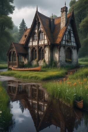//quality, (masterpiece:1.4), (detailed), ((,best quality,)),//a cozy rusted Gothic house, medieval fantasy vibe, wild flowers, tall grass, pathway, canoe, river, overcast weather, tress, snowing, , sequia forest, mud, puddle reflection, (snowfall outside), built over a cliff
