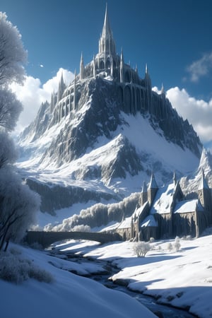 //quality, (masterpiece:1.4), (detailed), ((,best quality,)),//a wide pathway leads to an enormous extravagant cathedral built on a high mountain, its spire piercing the sky, its different towers connected via bridges, a glacial river makes its way through the center of mountain, elven castle,greenery, city of gondolin, lord of the rings style, middle earth, last vegetation covered in powder snow, sunshine, intricately detailed, depth of field, digital art style