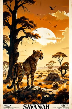 //quality, (masterpiece:1.4), (detailed), ((,best quality,)),//highly detailed Travel poster of plains of savvanah, few small trees in the plains, A cheetah looking at viewer, with the text "Savannah" at the top, big fonts,flat 2d image,sepia color pallette, intricately detailed, best quality, digital art style, well defined outer edges, vintage travel poster, 