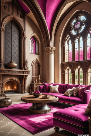 //quality, (masterpiece:1.4), (detailed), ((,best quality,)),//design a modern + medieval fantasy style living room, architectural masterpiece, perfect blend of modernism and fantasy, Architecture Digest, magenta and cream color scheme, real photography shot, professional photography, 8k, HDR, Canon EOS, intricately detailed, best quality