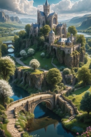 //quality, (masterpiece:1.4), (detailed), ((,best quality,)),//outdoors, sky, day, cloud, water, tree, no humans, scenery, bridge, river, elven circular castle, wild flowers, pathway,fantasy world,cliff, mountain, magical city,cathedral, tower, landscape, lake, white trees,aerial view 