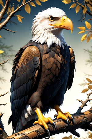//quality, (masterpiece:1.4), (detailed), ((,best quality,)),//Anime style illustration of a bald eagle, sitting on a tree branch, golden beak, intricately detailed