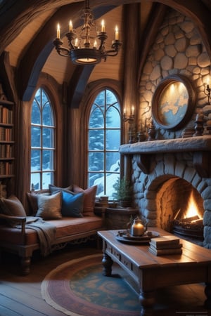 //quality, (masterpiece:1.4), (detailed), ((,best quality,)),//a cozy circular cabin interior, medieval decor, fantasy vibe, foliage, blue interior, fireplace, hearth, 3 point perspective, a wooden coffee table, cozy bed, (snowfall outside), scrolls, books, bookshelf, map on the wall, window, built over a cliff,chandelier, central bed, hobbit house