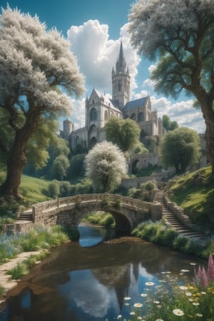 //quality, (masterpiece:1.4), (detailed), ((,best quality,)),//outdoors, sky, day, cloud, water, tree, no humans, scenery, bridge, river, elven circular castle, white tree in the courtyard of the castle, wild flowers, pathway,fantasy world,cathedral, tower, landscape, pov looking up at the castle, 
