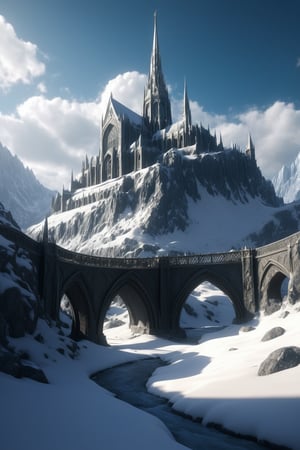 //quality, (masterpiece:1.4), (detailed), ((,best quality,)),//a wide pathway leads to an enormous extravagant cathedral built on a high mountain, its spire piercing the sky, its different towers connected via bridges, a glacial river makes its way through the center of mountain, elven castle, city of gondolin, lord of the rings style, middle earth, last vegetation covered in powder snow, sunshine, intricately detailed, depth of field, digital art style