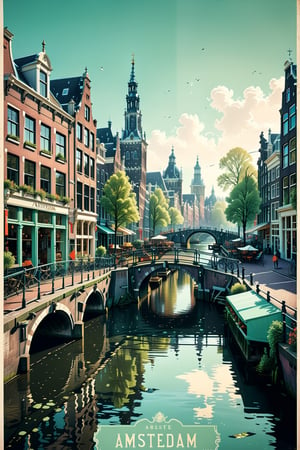 //quality, (masterpiece:1.4), (detailed), ((,best quality,)),//highly detailed Travel poster of Amsterdam, beautiful bridge over a river in the middle of the city, European architecture, outdoor restaurants, big fonts,flat 2d image,mint color pallette, intricately detailed, best quality, digital art style, well defined outer edges, vintage travel poster, 