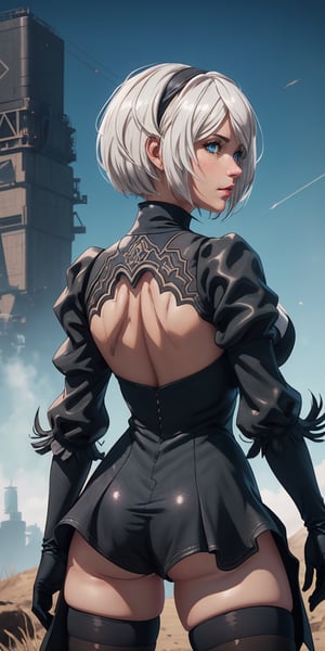 outstanding upper body shot of 2b from nier automata, her shiny white hair kissing her cheeks as her blue eyes enchants every one who looks into them, radioactive backdrop, best quality, stunning beauty,  pefect face, in the style of wlop, realistic, hyper realism, (cowboy shot above the thighs:1.2), (large breasts), (from behind, back view)