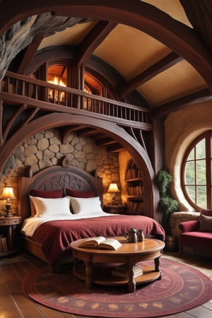 //quality, (masterpiece:1.4), (detailed), ((,best quality,)),//a cozy circular cabin interior, medieval decor, fantasy vibe, foliage, maroon interior, fireplace, hearth, 3 point perspective, a wooden coffee table, cozy bed, snowfall outside, scrolls, books, bookshelf, map on the wall, window, built over a cliff, central bed, hobbit house