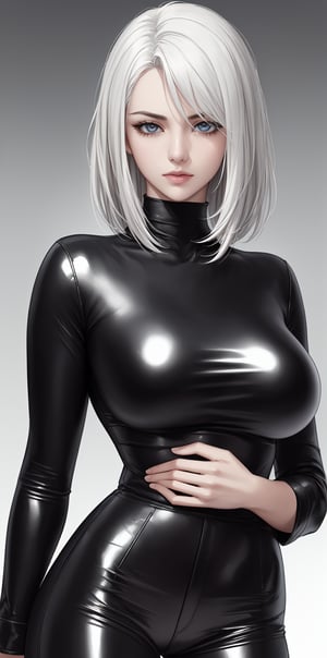 (masterpiece), best quality, expressive eyes, perfect face

ultra realistic shot of an extremely beautiful mature girl.(gradient background),she has medium white hair, icy look on her eyes. wearing a skintight turtleneck black shirt,leather pants, fullsleeve, tall_girl, ((front facing)), (medium boobs)

(slender body), depth of field, (cowboy shot)